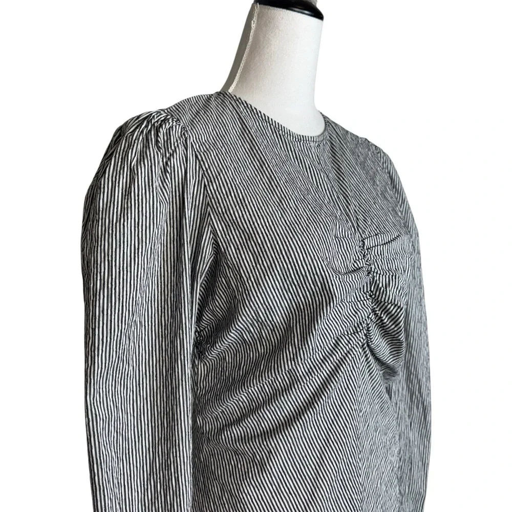 Zara Ruched Pinstripe Blouse M Puff Sleeve Regency Office Siren Structured Top